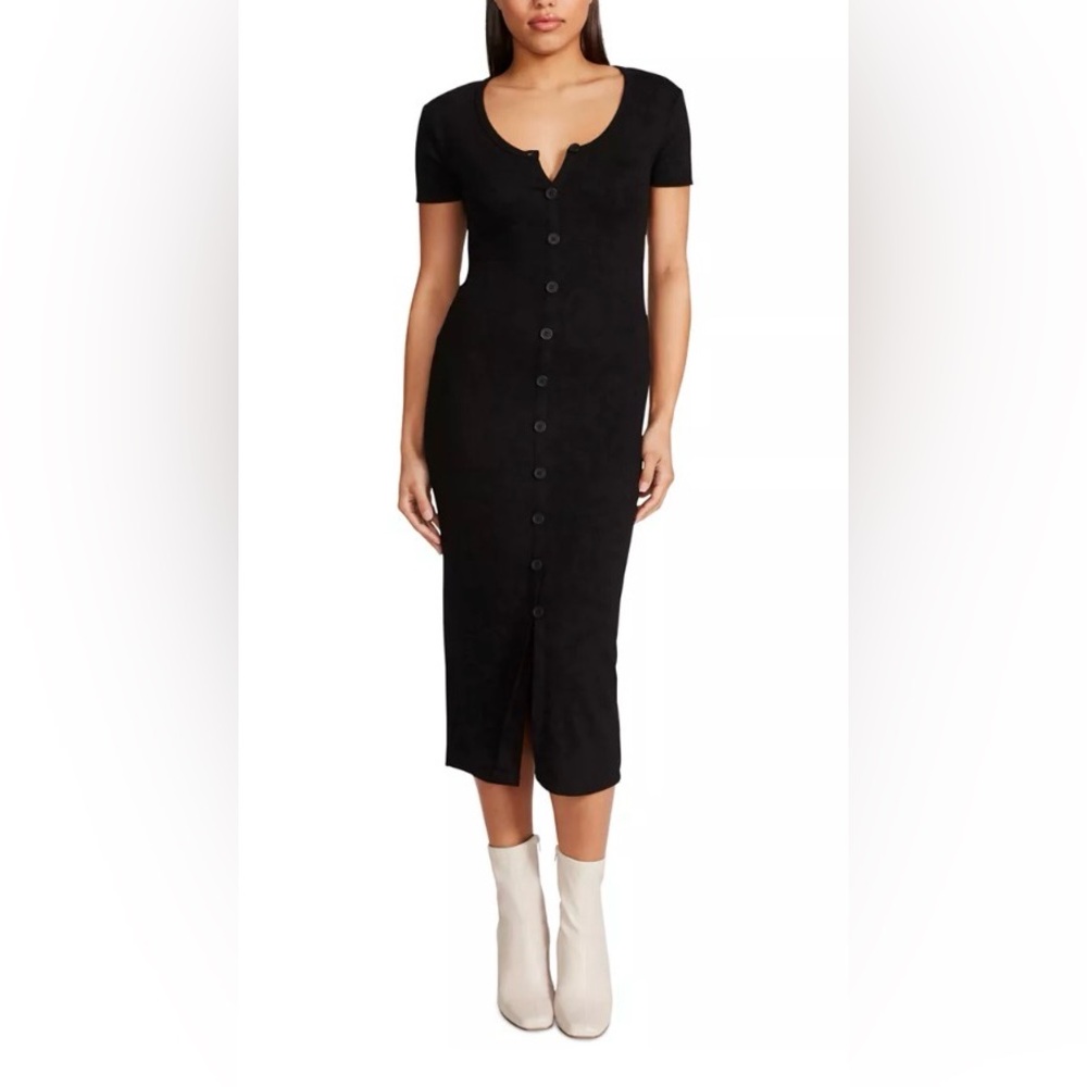 BB Dakota Steve Madden Sleek Black Bodycon Midi Dress Button Detail Ribbed Sz S
